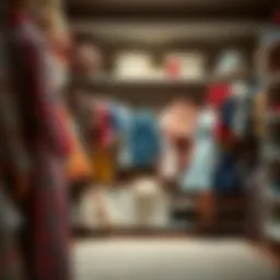 A beautifully arranged vintage American doll closet showcasing an array of outfits and accessories.