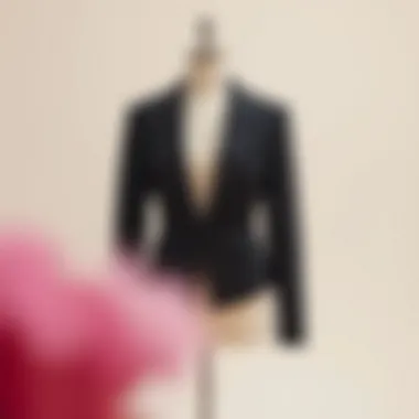 A classic black female blazer with a tailored fit, draped elegantly on a mannequin against a minimalist backdrop.