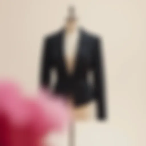 A classic black female blazer with a tailored fit, draped elegantly on a mannequin against a minimalist backdrop.