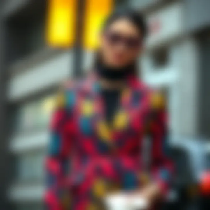 A vibrant, patterned blazer showcasing bold colors and modern design, styled with complementary accessories.