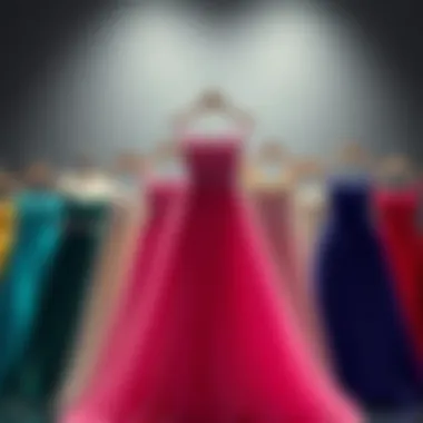 Group of bandeau prom dresses in various colors and designs