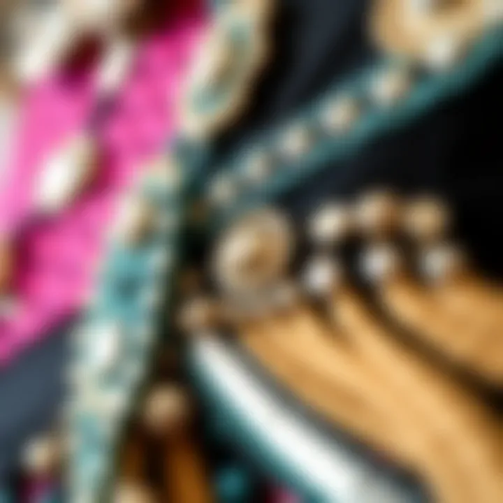 Embellishments for Belly Dancing Costumes Various embellishments like sequins, coins, and embroidery used in belly dancing attire