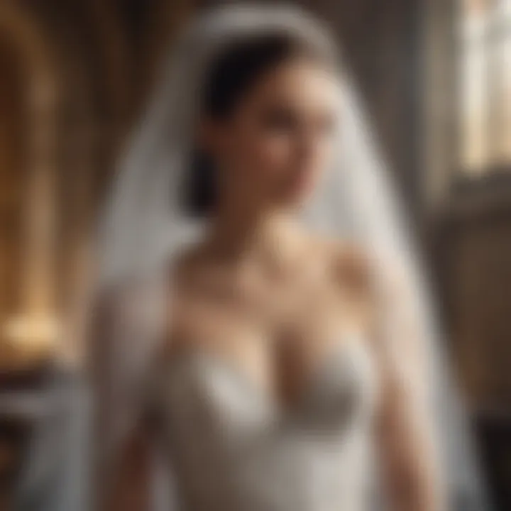 An emotional moment of a bride admiring herself in the mirror with a cathedral length veil.