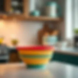 A vibrant collapsible silicone bowl with a lid displayed in a kitchen setting