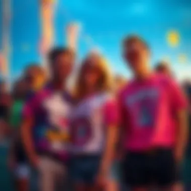 Group of individuals in unique rave shirts enjoying a vibrant festival atmosphere