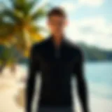 Stylish zip front rashguard on a tropical beach