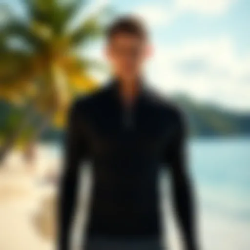 Stylish zip front rashguard on a tropical beach