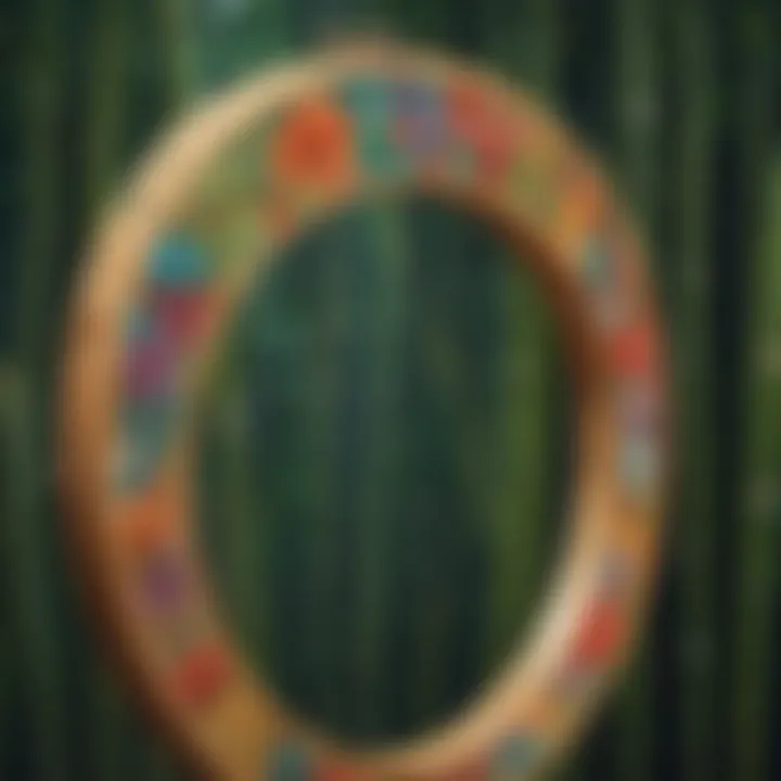 Close-up of a bamboo hoop adorned with vibrant colors and unique designs.