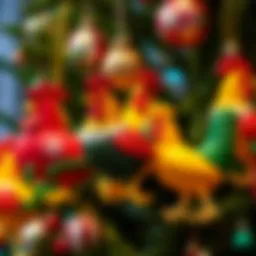 A collection of vibrant Christmas chicken ornaments displayed on a festive tree