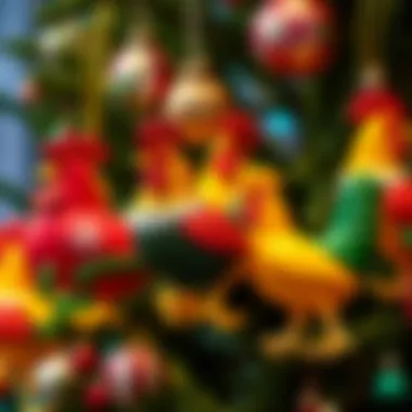 Vibrant Christmas Chicken Ornament Collection A collection of vibrant Christmas chicken ornaments displayed on a festive tree