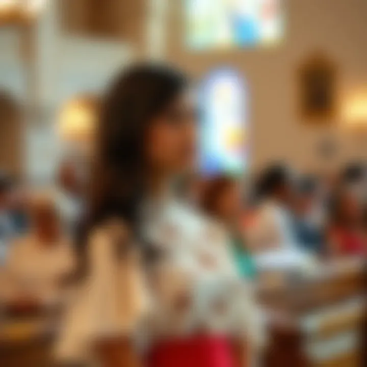 Young woman in a fashionable church dress at a service