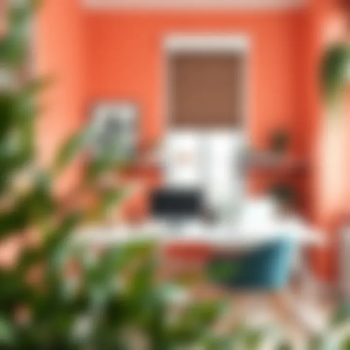 Coral color palette alongside greenery in an office