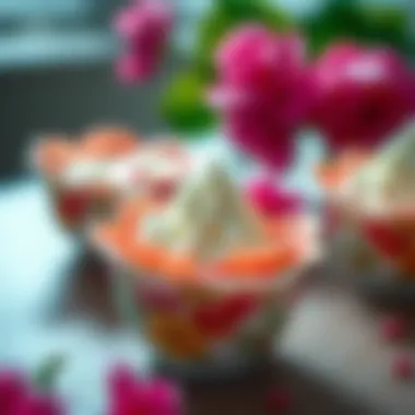 Close-up of a beautifully crafted floral dessert cup filled with mousse