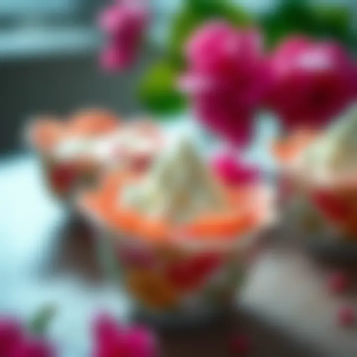 Close-up of a beautifully crafted floral dessert cup filled with mousse