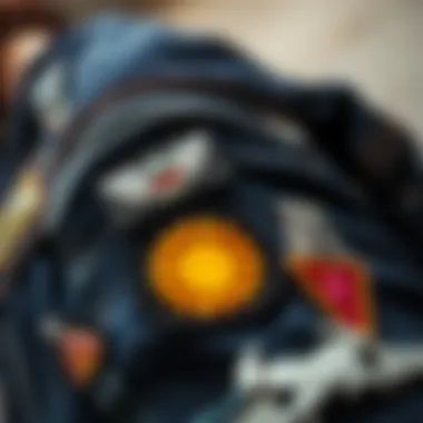 A close-up of unique patches applied to jeans highlighting customization