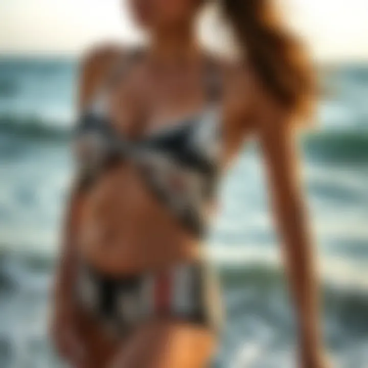 An artistic representation of knotted swimsuits against a backdrop of ocean waves