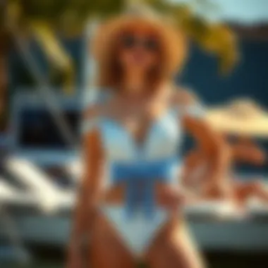 A fashionable ensemble featuring knotted swimsuits styled with summer accessories