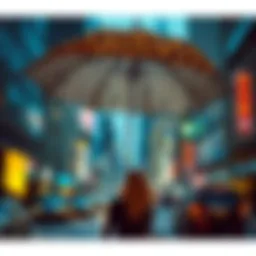 Leopard print umbrella open against a vibrant city backdrop