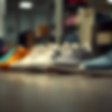 Different types of swim shoes displayed in a row