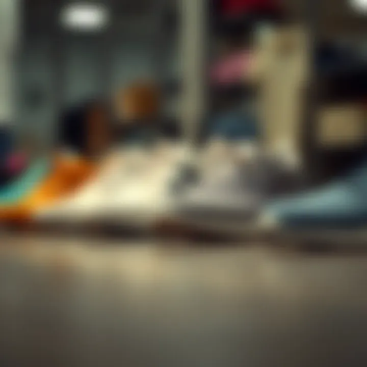 Different types of swim shoes displayed in a row
