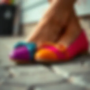 A close-up view of a pair of eco-friendly multi-colored flats, highlighting sustainable fashion.