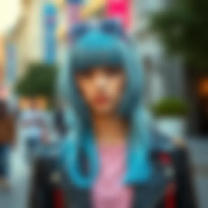 Fashion Statement with Pastel Blue Wig A stylish individual showcasing a pastel blue wig in a fashionable outfit.