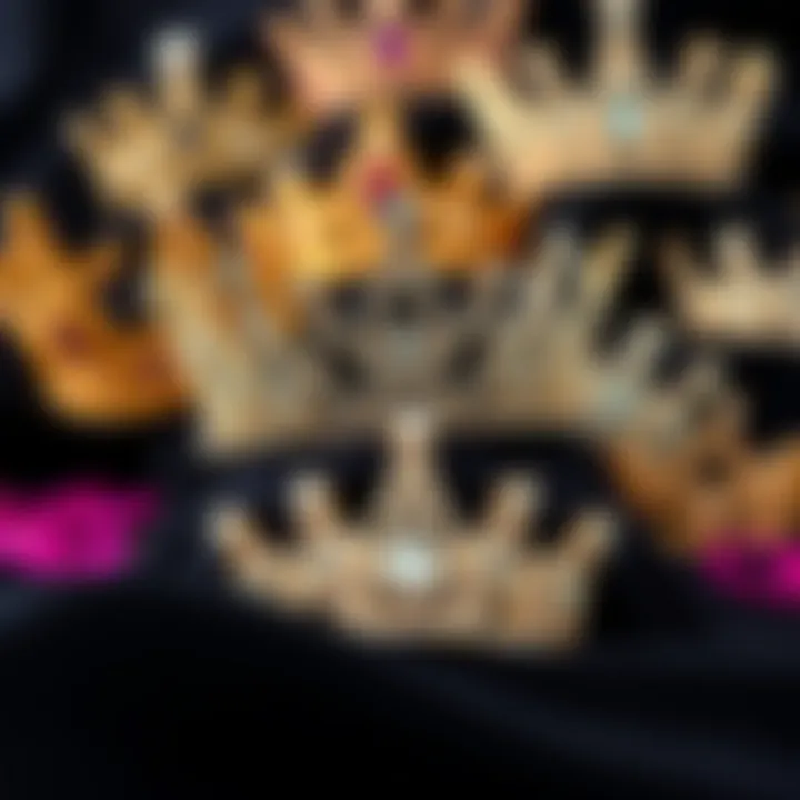 A collection of various rhinestone crown designs displayed elegantly on fabric swatches, emphasizing design versatility