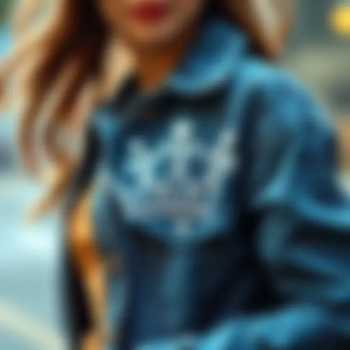 A stylish outfit featuring a rhinestone crown iron-on transfer on a denim jacket, showcasing modern fashion choices