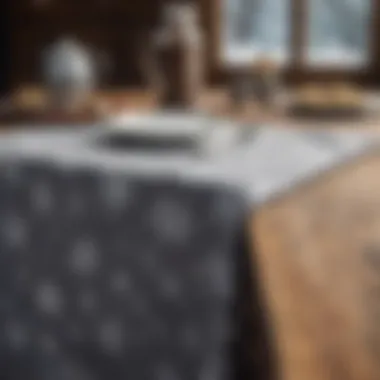 Snowflake tablecloth draped over a rustic wooden table