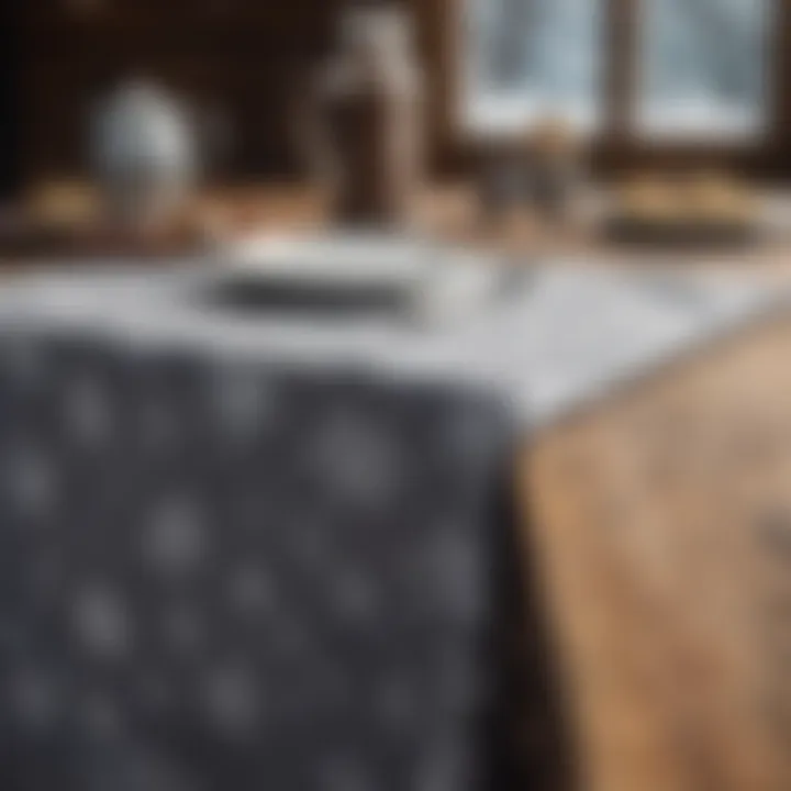 Snowflake tablecloth draped over a rustic wooden table