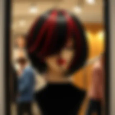 A stylish black wig with vibrant red highlights elegantly displayed on a mannequin.