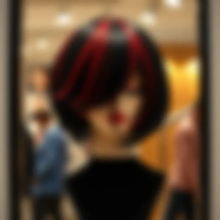 A stylish black wig with vibrant red highlights elegantly displayed on a mannequin.