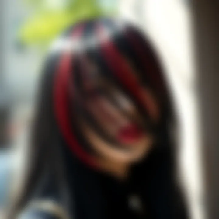 Close-up of a black wig featuring striking red highlights under natural lighting.