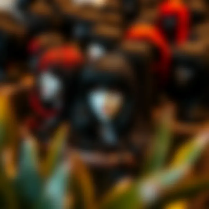 A collection of various black wigs with red highlights arranged artistically on a stylish surface.