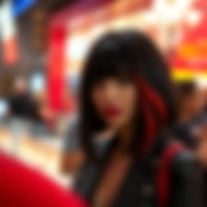 A fashionable individual showcasing a black wig with red highlights at a chic event.