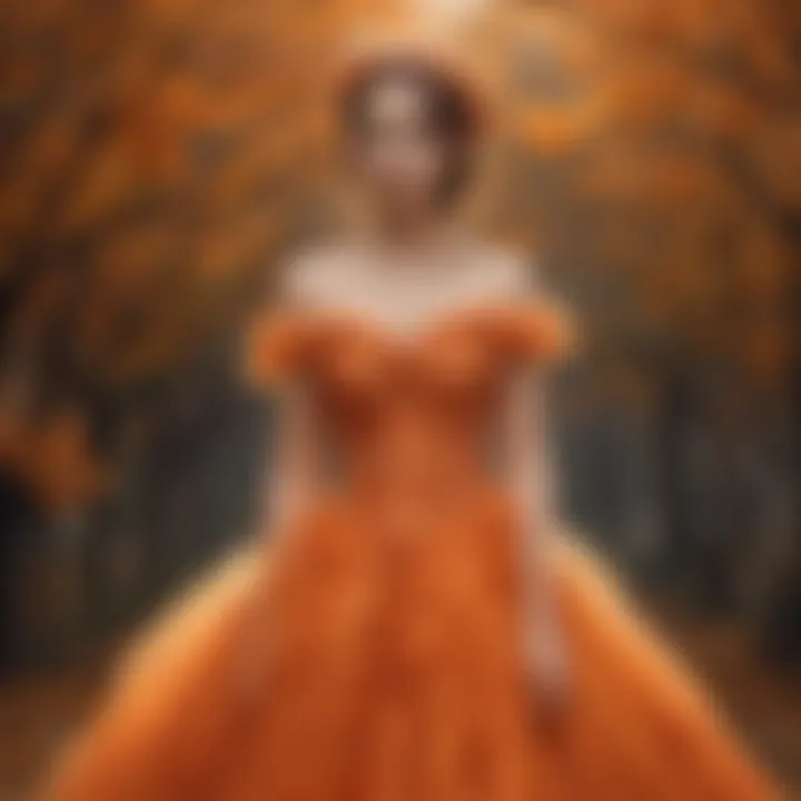 A bride in a whimsical orange tulle gown with embroidery inspired by autumn leaves.