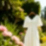 Elegant white preppy dress displayed in a sunlit garden setting