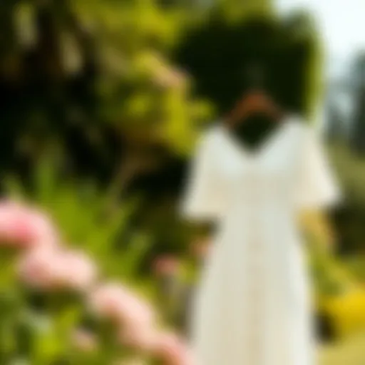 Elegant white preppy dress displayed in a sunlit garden setting