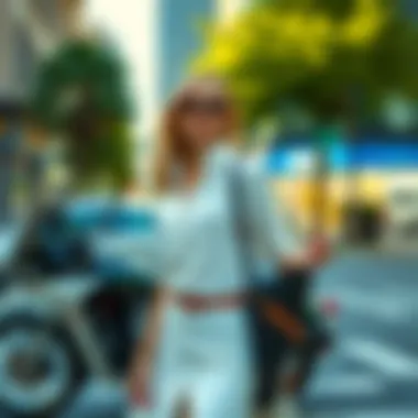 Fashion-forward styling of a white preppy dress in urban surroundings