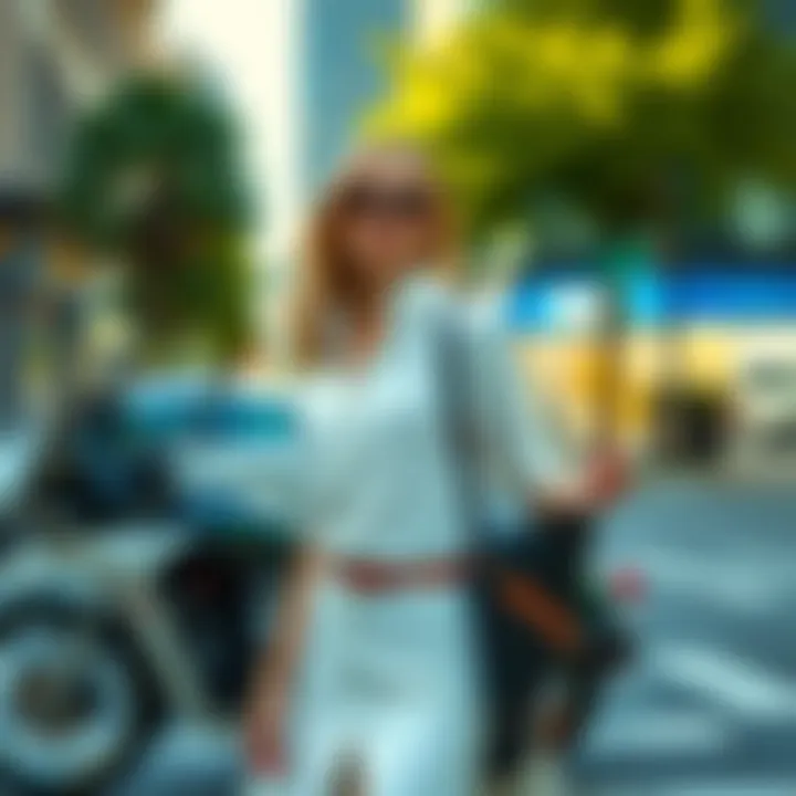 Fashion-forward styling of a white preppy dress in urban surroundings
