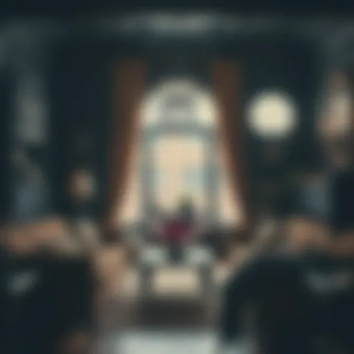 A richly decorated vintage gothic living room with dark wood furniture and ornate details