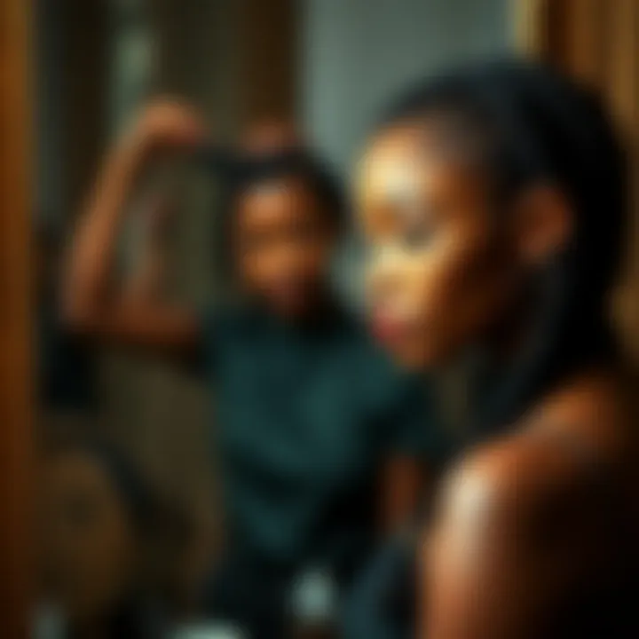 Versatile Styling Techniques A person experimenting with different styling options for short braided wigs in front of a mirror.