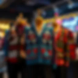 A vibrant collection of funny sweater vests displayed creatively