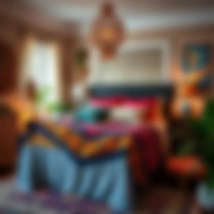 A cozy bedroom adorned with bohemian decor, featuring a vibrant duvet cover