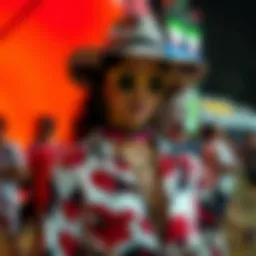 A vibrant cow print outfit worn at a festival