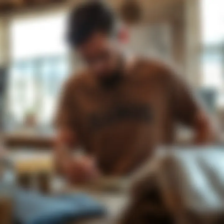 Sustainable Materials in Deadwood T-Shirt Design An artist designing a deadwood t-shirt with sustainable materials