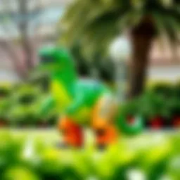 Vibrant inflatable T-Rex outfit displayed in a playful outdoor setting