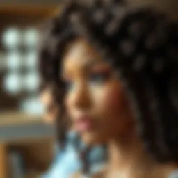 A close-up view of intricately designed crochet hair wig showcasing detailed patterns and textures