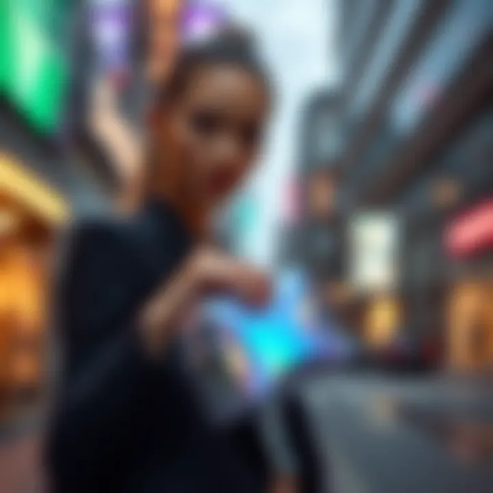 A model holding a holographic cosmetic bag in an urban setting