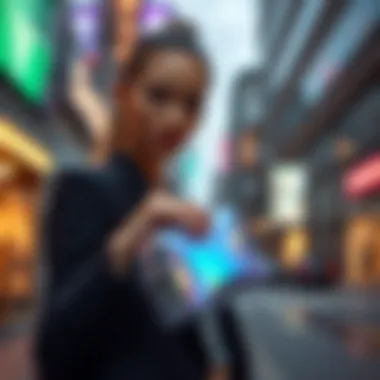 Model with Holographic Bag in Urban Environment A model holding a holographic cosmetic bag in an urban setting